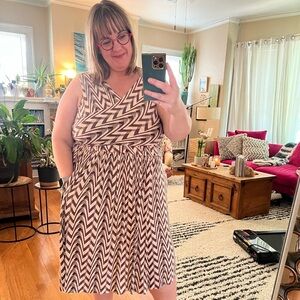 Anthropologie Plenty geometric midi dress brown + cream with pockets in L